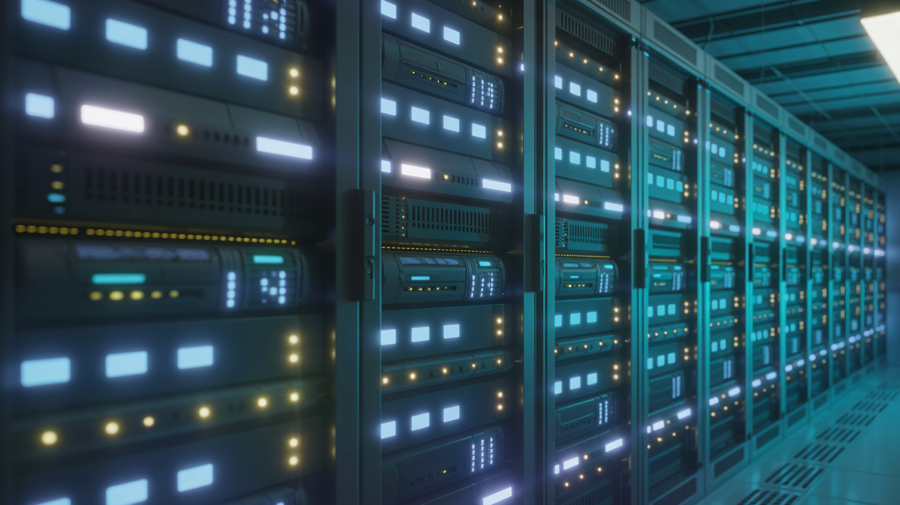 Modern server room with glowing blue and teal lights representing GOT ONE TV+ global content delivery infrastructure